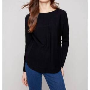 NEW CHARLIE B round hem sweater with lace detail in black